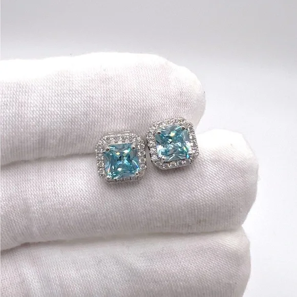 .925 Sterling Silver Halo Cushion Cut Simulated Aquamarine Cz Earrings - Picture 1 of 12
